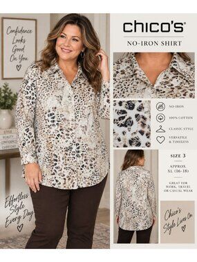 Chico's No Iron Shirt Womens 3 XL Animal Print 100% Cotton Button Front Blouse